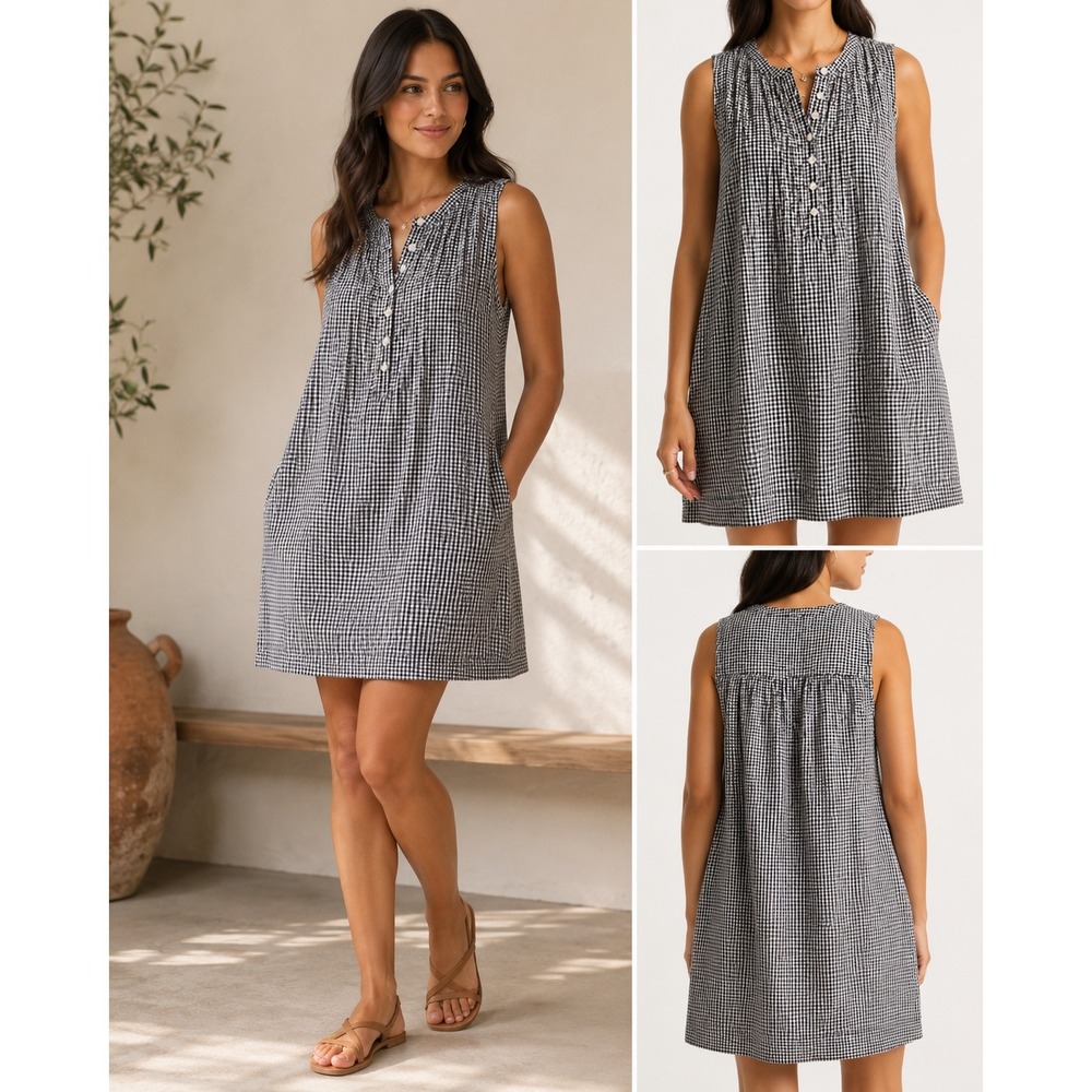 Quince Dress Womens S Black Gingham 100% Linen Sleeveless Henley Shift Pockets